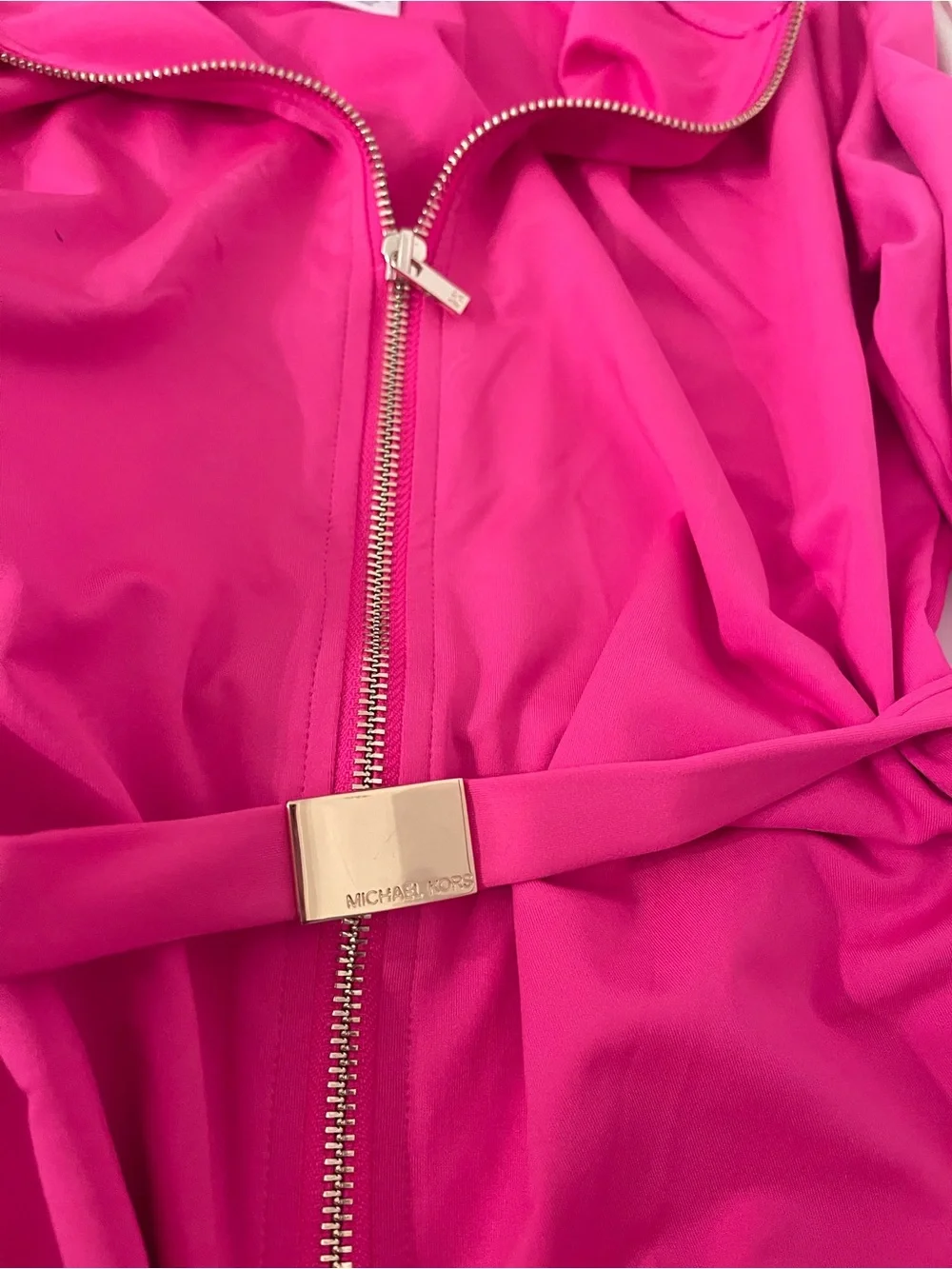 Michael Kors Hot Pink Long-Sleeve One-Piece with Gold Zip and Belt Accent